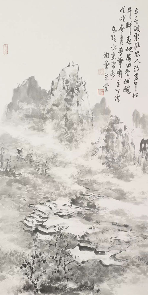 丁杰水墨画作品《农人行雾中》