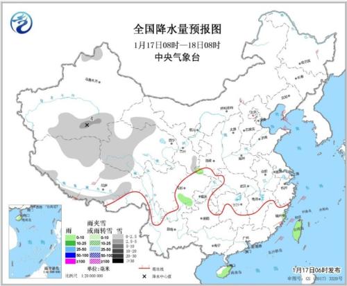 全国降水量预报图(1月17日08时-18日08时) 全国降水量预报图(1月17日08时-18日08时)