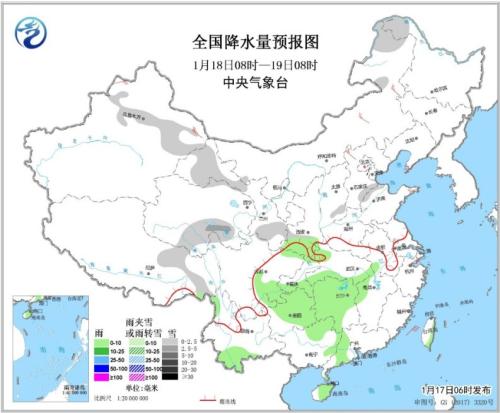 全国降水量预报图(1月18日08时-19日08时)