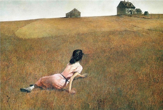 怀斯 《克里斯蒂娜的世界 》蛋彩画 1948年 纽约现代艺术博物馆藏,怀斯的作品,能将许多丰富的细节统一到单纯而抽象的画面构图中去