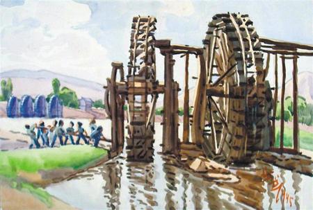 兰州黄河大水车(水彩画)