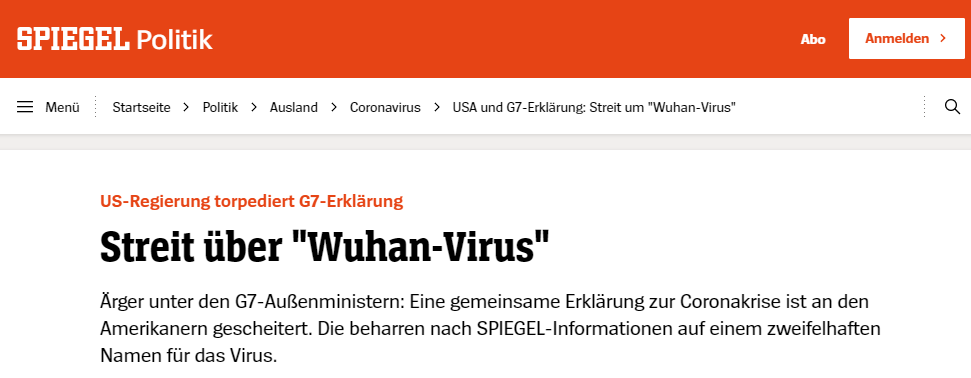 《明镜周刊》：美国政府破坏了G7声明，“武汉病毒”一词引起争论