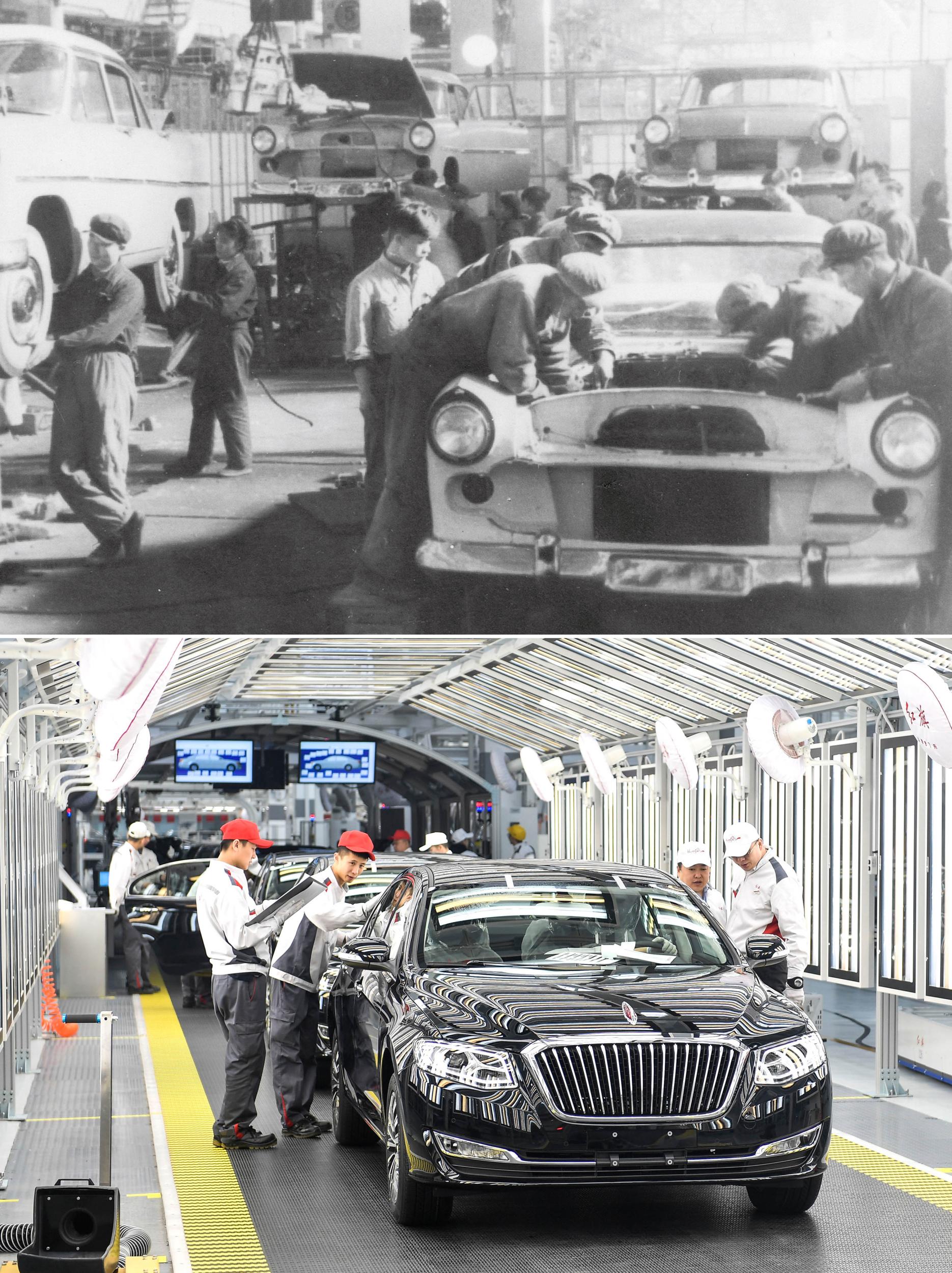 拼版照片:上图为1958年拍摄的第一汽车制造厂(资料照片)。这里生产了第一批红旗轿车;下图为2019年4月9日,在一汽红旗总装车间内,职工在对生产的红旗轿车进行静检作业。