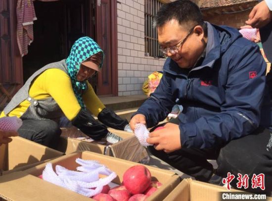 苹果产业是镇原县的富民脱贫产业。图为王峰与农户查看苹果收成。　侯志雄 摄