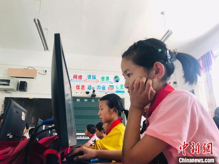 2020年6月，甘肃临夏州东乡县东乡族学生使用电脑查阅资料。(资料图)