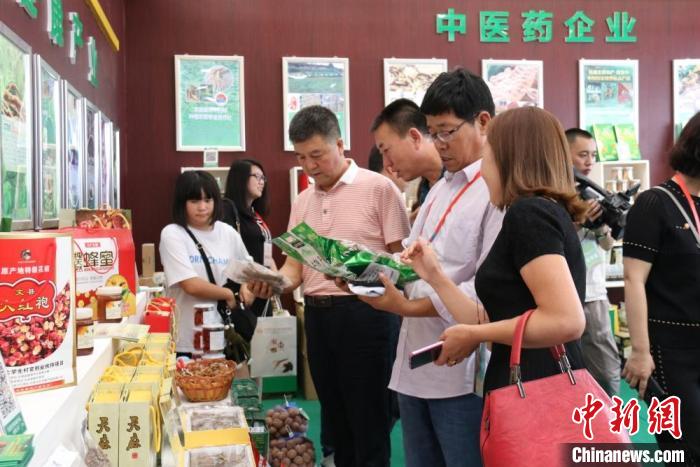 2019年8月，甘肃陇南市“药博会”上，各地商企在展位上寻觅中药材及当地特产。(资料图) 闫姣 　摄