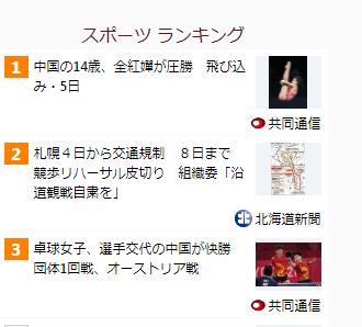 图四:日本共同社官网运动新闻榜单。图片来源:日本共同社官网运动新闻榜单截图。 点击进入下一页