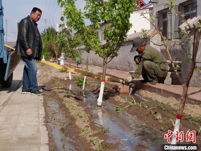 图为村民为刚栽上的地瓜苗浇水。 郭大蕾 摄 图为村民为刚栽上的地瓜苗浇水。 郭大蕾 摄