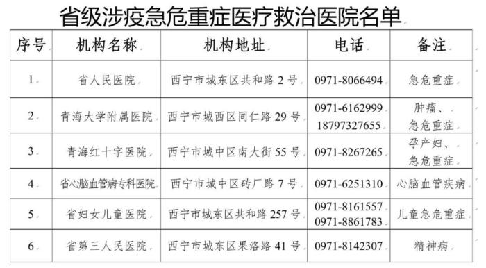 图为省级涉疫急危重症医疗救治医院名单。 西宁市新冠肺炎疫情防控处置工作指挥部供图 图为省级涉疫急危重症医疗救治医院名单。 西宁市新冠肺炎疫情防控处置工作指挥部供图
