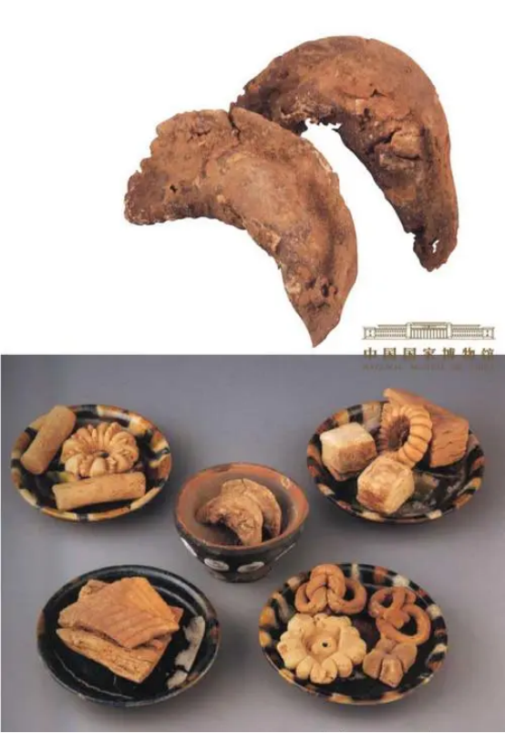 图1：新疆古高昌国阿斯塔纳墓葬群出土的唐代食点。右上角盘中三角形和正方形的食点就是婆罗门轻高面。