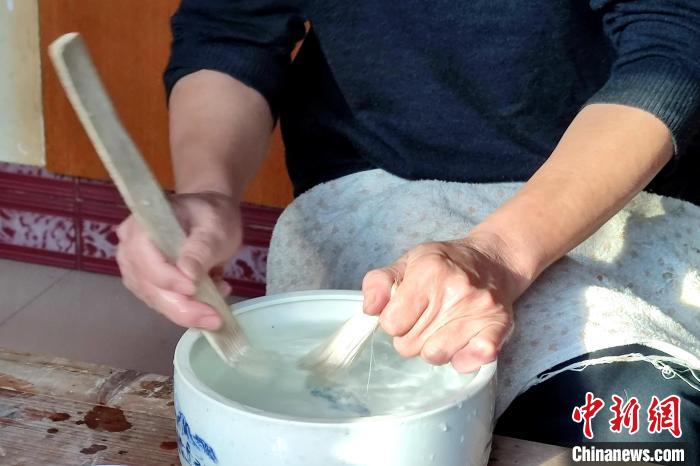 在水中反复梳洗毛笔头是制笔的重要环节。 吴冠标 摄 在水中反复梳洗毛笔头是制笔的重要环节。 吴冠标 摄