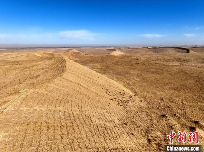 图为“双眉式”网格状沙障如一张巨大的“金网”,将流动、半流动的沙丘捆绑得服服帖帖。 薛慧 摄 图为“双眉式”网格状沙障如一张巨大的“金网”,将流动、半流动的沙丘捆绑得服服帖帖。 薛慧 摄