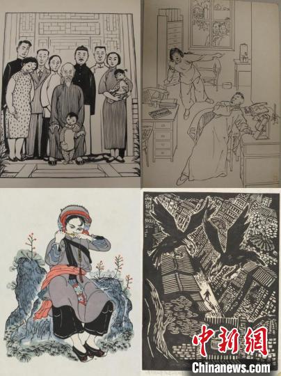 左上：丁聪《四世同堂》，左下：黄永玉《阿诗玛》，右上：叶浅予《子夜》，右下：牛文《小萝卜头的梦》 中国美术馆供图