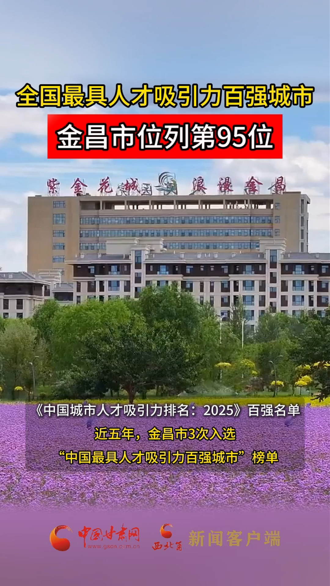 全国最具人才吸引力百强城市名单，金昌位列第95名