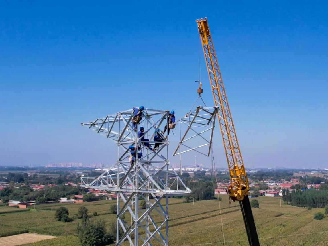 万花（西富）Ⅱ回 220千伏线路铁塔吊装组立，提升南部地区新能源送出能力。刘美君摄