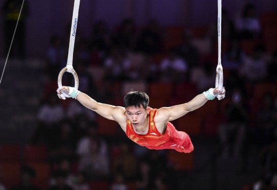 中国队选手杨皓楠在吊环比赛中。新华社记者 陶亮 摄