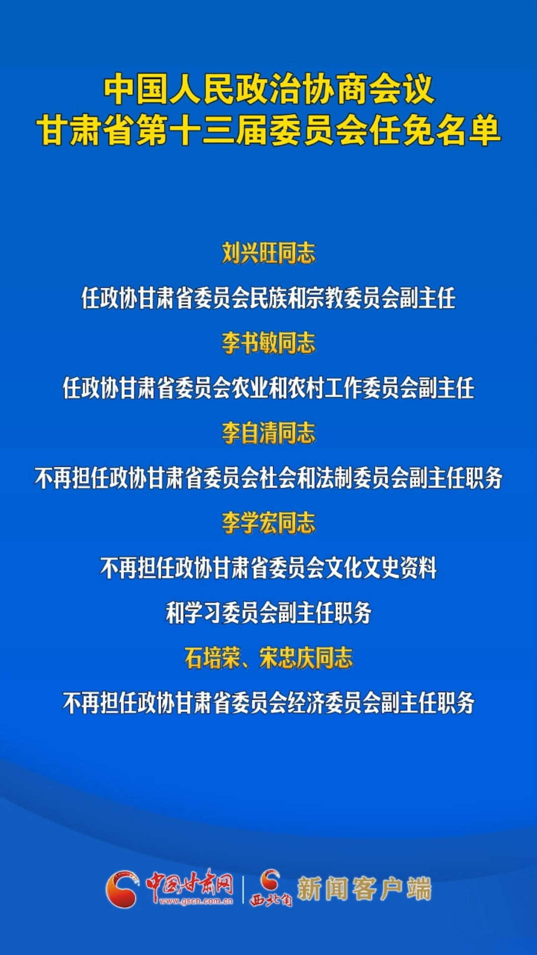 中国人民政治协商会议甘肃省第十三届委员会任免名单