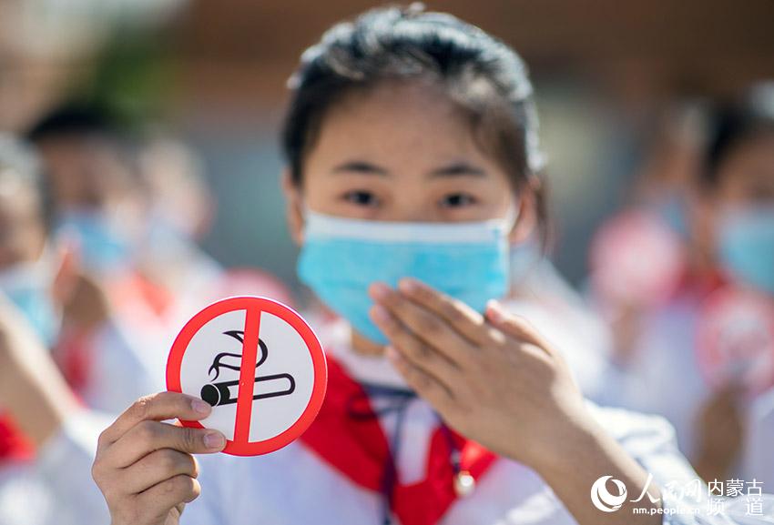 5月28日,内蒙古自治区呼和浩特市玉泉区恒昌店巷小学学生手持禁烟标志