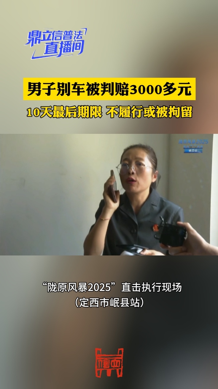 男子别车被判赔3000多元，10天最后期限，不履行或被拘留