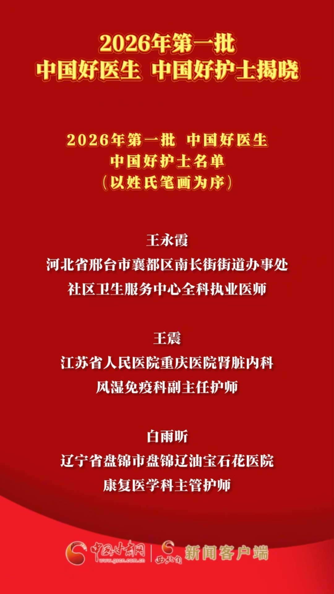 2026年第一批“中国好医生、中国好护士”揭晓