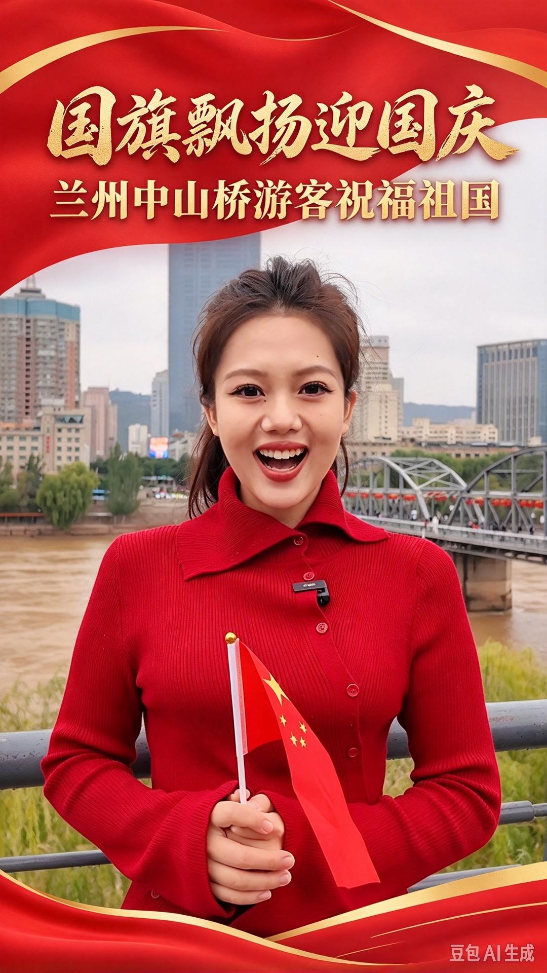 国旗飘扬迎国庆 兰州中山桥游客祝福祖国