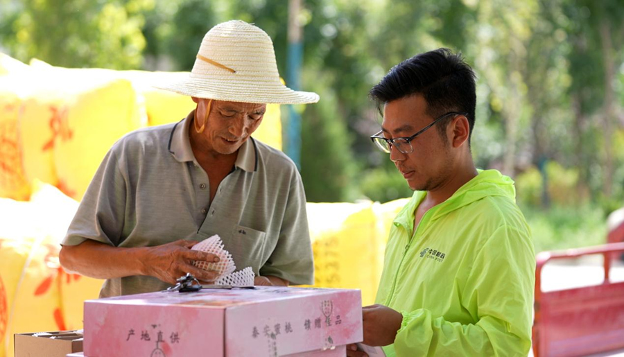 8月，邓坪村桃农在寄递点打包蜜桃。秦安县委宣传部供图