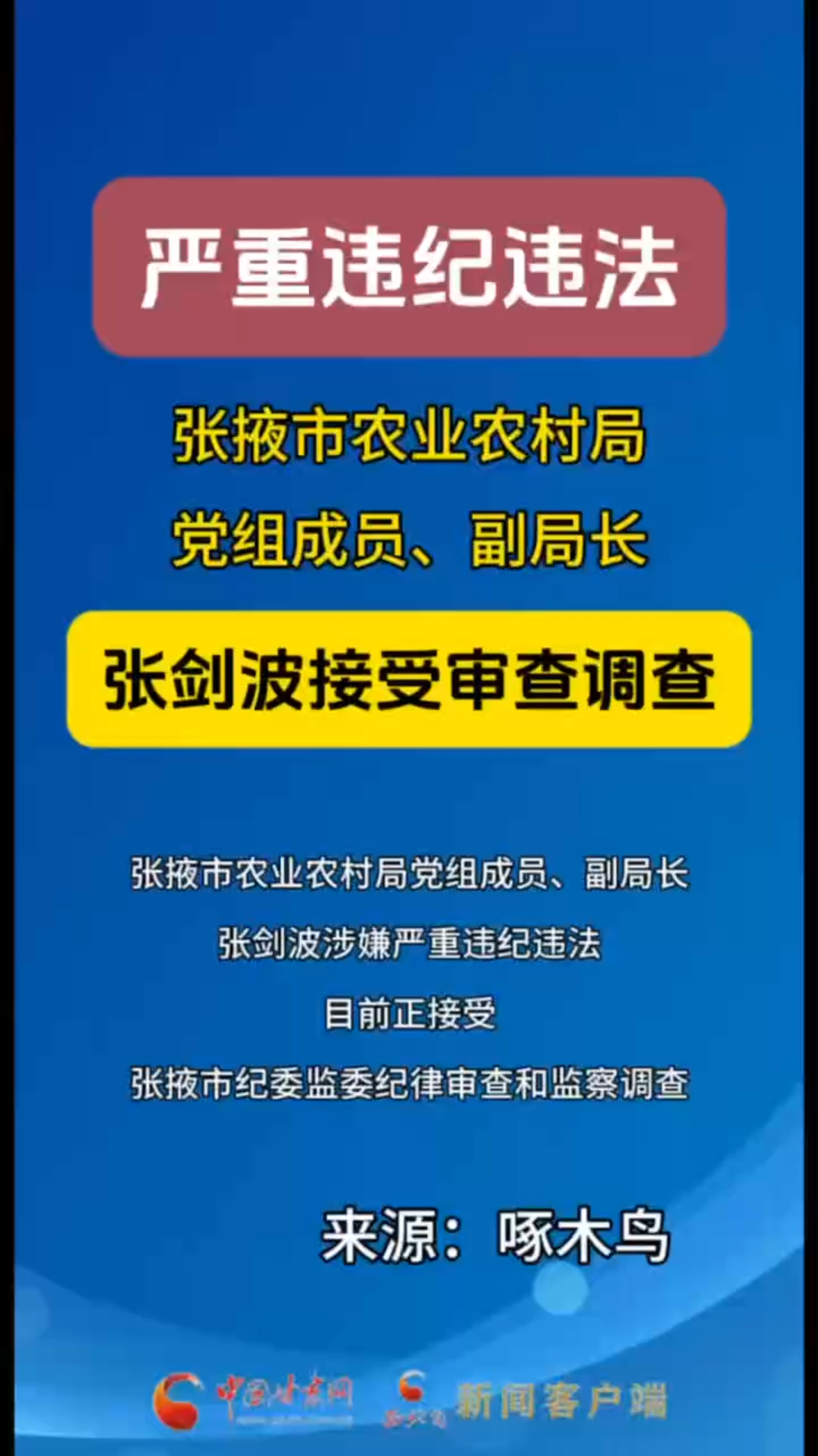 张掖市农业农村局党组成员、副局长张剑波接受审查调查